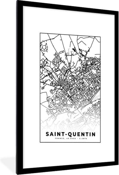 Fotolijst incl. Poster Zwart Wit- Stadskaart - Saint-Quentin - Plattegrond - Kaart - Frankrijk - Zwart wit - 60x90 cm - Posterlijst
