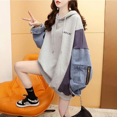 Cowboy Patchwork Hoodie Dames Casual Hoodie Herfst Winter Mode Lange Mouw Pullover M grijs