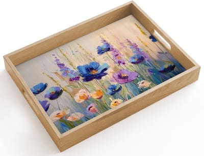 Dienblad hout 40x30 cm - Schootdienblad - Zomers - Wilde bloemen - Penseelstreken - Borrelplank rechthoek - Plateau dienbladen