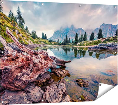 Gards Tuinposter Meer met Rotsen in de Alpen Bergen - 120x90 cm - Tuindoek - Tuindecoratie - Wanddecoratie buiten - Tuinschilderij