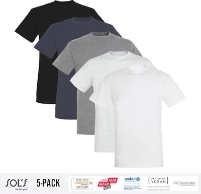 5 Pack Sol's Heren T-Shirt 100% biologisch katoen Ronde hals wit, zwart, licht grijs, donker grijs , muis grijs Maat 3XL