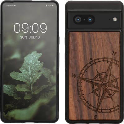 kwmobile telefoonhoesje geschikt voorGoogle Pixel 7 - Hoesje met bumper - hout - In donkerbruin Vintage Kompas design