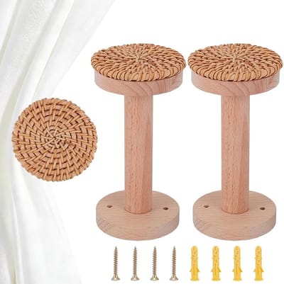 Rotan Gordijnhouders - Boho Haken - Gordijnen Ophangen - Natuurlijk Hout - 2 stuks - Houtkleurig