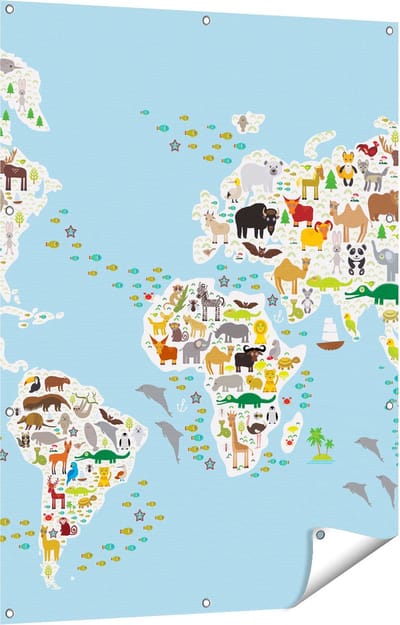 Gards Tuinposter Wereldkaart met Dieren - 90x120 cm - Tuindoek - Tuindecoratie - Wanddecoratie buiten - Tuinschilderij