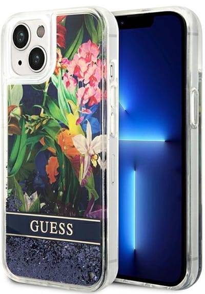 Guess Liquid Glitter Flower Serie - iPhone 14 Hoesje - Niebieski - Bloemdesign - Vloeibare Glitter