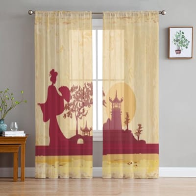 Abstract Japans Landschap Transparante Gordijnen Voor Slaapkamer Woonkamer Tule Gordijnen Voor Keukenraam Voile Gordijnen 135W x 114H(cm) beige