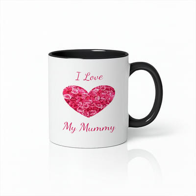 I Love My Mummy Mok - Roze Bloemen Hart - Zwart Oor en Binnenkant - Moederdag Cadeau - 330ml