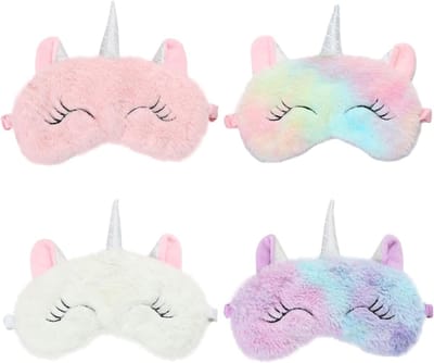 Set van 4 Oogmaskers voor Kinderen, Ultra Zacht en Comfortabel, Schattige Eenhoorn Pluche Slaapmaskers, Blokkeert Licht voor Naps of Reizen, Ideaal voor Kinderen en Volwassenen