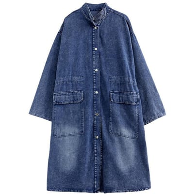 Grote Maten Lente Dames Denim Jas Katoen Casual Vintage Lange Jas Los Oversized Zakken M blauw