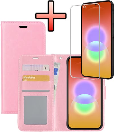 Hoesje - Met Screenprotector - Geschikt voor Samsung Galaxy A27 - Luxe Pasjeshouder - Bookcase Portemonee - Flip Case - Kunstleer Book Case - Flipcase - Book Cover - Walletcase - Portemonneehoes - Lichtroze