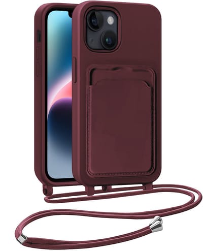 Hoesje Geschikt voor iPhone 13 Telefoonhoesje Met Koord Case Pashouder Siliconen - Hoes Geschikt voor iPhone 13 Hoesje Met Kaarthouder - Aubergine