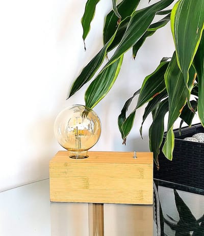 Trango 2020N-4W Tafellamp *WOODY* Nachtkastje Lamp Hout Naturel in Landhuis Look Retro 20x10x8cm met Schakelaar incl. 4 Watt LED Lamp E27 Goud 2500K Bureaulamp Industriële Woonkamer Lamp