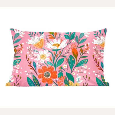 Sierkussens - Kussentjes Woonkamer - 60x40 cm - Roze - Bloemen - Wit - Oranje