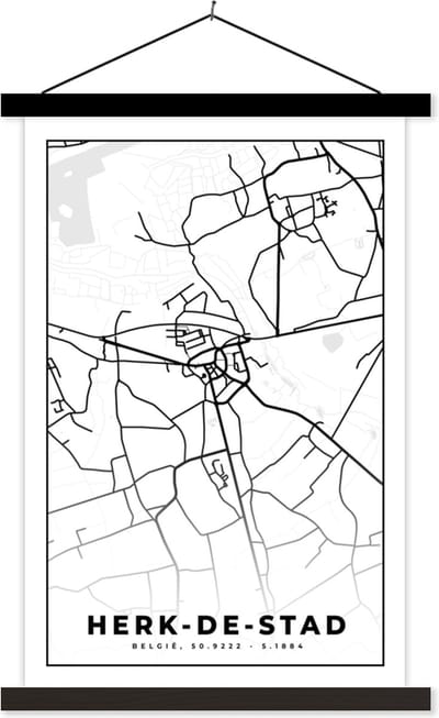Posterhanger incl. Poster 40x60 cm - Schoolplaat - Stadskaart – Plattegrond – België – Zwart Wit – Herk de Stad – Kaart - Textielposter - Zwarte latten - Stadskaart