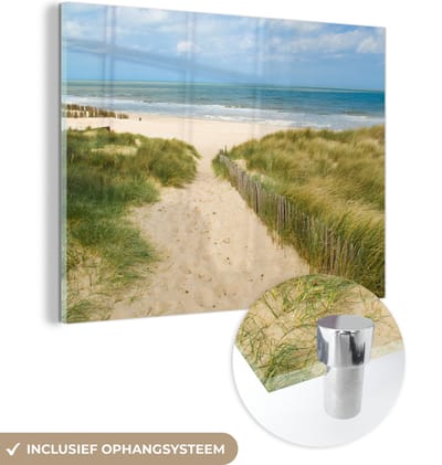 MuchoWow® Glasschilderij 120x90 cm - Schilderij acrylglas - Strand - Zee - Duin - België - Foto op glas - Muurdecoratie woonkamer - Wanddecoratie slaapkamer - Schilderijen