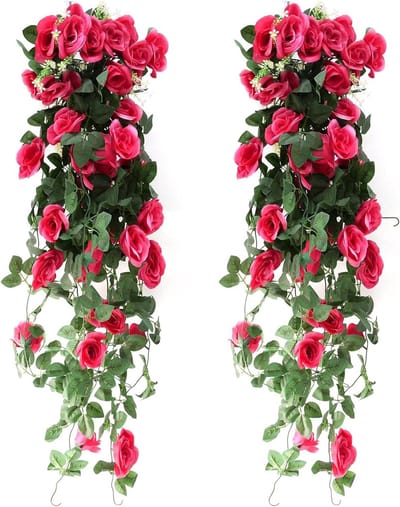 Natuurlijke Uitziende Hangplanten, Set van 2, 90 cm, Perfect voor Bruiloften, Thuisdecoratie en Tuinieren, Roze Rood