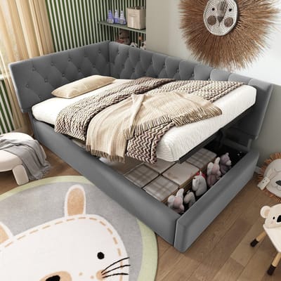 Sweiko Slaapbank - 90x190 cm - Kinderbed - Opbergruimte - Velvet - Zonder matras - Grijs