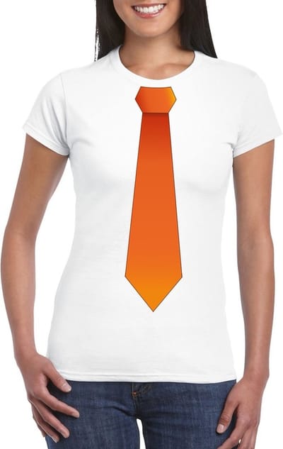 Wit t-shirt met oranje stropdas dames - Oranje Koningsdag/ Holland supporter kleding S