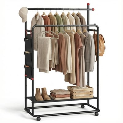 MAZAZU Dubbel Kledingrek op Wielen - Zwart Metaal - Garderoberek met Schoenenrek & Hangorganizer (3 Vakken) - 189 cm Hoog - Belastbaar tot 76 kg - Kapstok