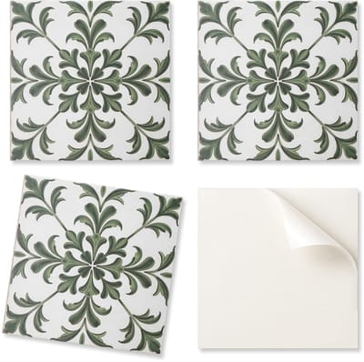 Vinyltegels met afbeeldingen voor de badkamer. Plantenmotief op een tegel van 20x20x20 cm.