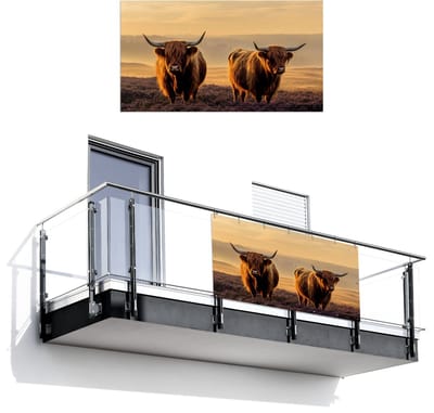 Balkonscherm 200x110 cm - Balkonposter Schotse hooglanders - Heide - Landschap - Dieren - Balkon scherm decoratie - Balkonschermen - Balkondoek zonnescherm