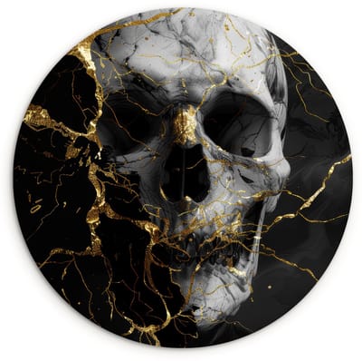 WallCircle® Wandcirkel 120x120 cm - Muurcirkel Goud - Abstract - Schedel - Eng - Dood - Muurdecoratie woonkamer - Wanddecoratie slaapkamer - Kamer decoratie accessoires - Ronde schilderijen XXL