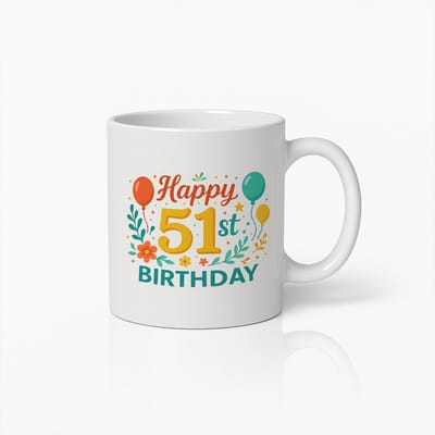 Gelukkige 51e Verjaardag Mok 330ml – Kleurrijk Bloemen- en Ballonontwerp Cadeau voor Mijlpaalverjaardagen