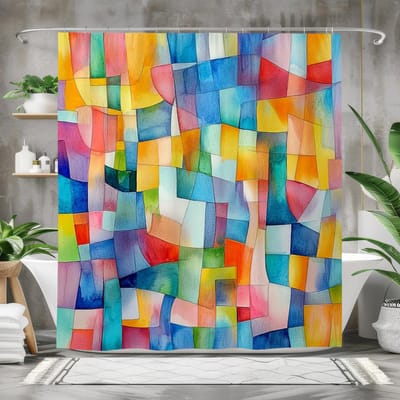Floraweg douchegordijn, badkamergordijn, kleurrijk blokpatroon, hoogwaardig materiaal, digitaal bedrukt, schimmelbestendig, inclusief 12 haken, waterdicht, machinewasbaar, polyester, 180 x 200 cm