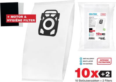 10x Stofzuigerzakken geschikt voor Nilfisk Stofzuigerzakken King / Extreme - 3D stofzakken + Filter set - Hygiëne en Motor filter meegeleverd! Premium kwaliteit - Multi lagen - Anti Allergie -Geschikt voor o.a. King, Extreme, Power en Elite Series