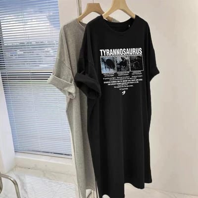 Zomer Losse Koreaanse Versie Puur Katoen T-shirt Dames Grote Maat Lange Casual Rok Retro Top L gray