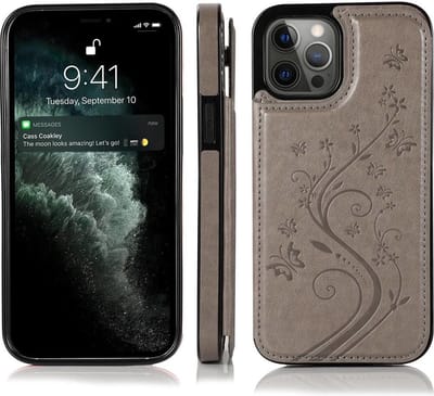 Hoesje geschikt voor iPhone 14 - Backcover - Pasjeshouder - Portemonnee - Bloemenprint - Kunstleer - Grijs
