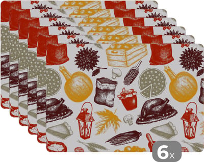 Placemat - Placemats kunststof - Thanksgiving - Patronen - Dinner - 45x30 cm - 6 stuks - Hittebestendig - Anti-Slip - Onderlegger - Afneembaar