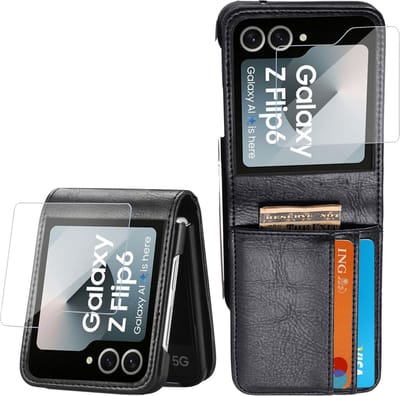 Book Case Hoesje voor Samsung Galaxy Z Flip 6 / Flip 7 FE - Hoesje + Screenprotector – Gehard Glas Cover + Flip Hoes Cover - Portemonnee Zwart