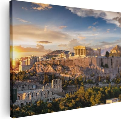 Artaza Canvas Schilderij Akropolis - 40x30 cm - Klein - Wanddecoratie Griekenland - Muurdecoratie Stad - Kamer Accessoires Zonsondergang