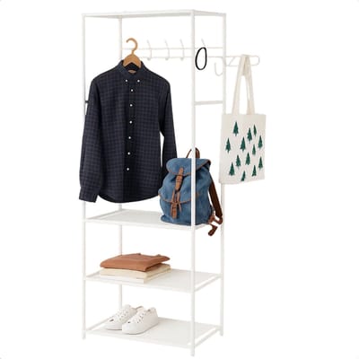 Lomera Kledingrek Met Legplanken - Metalen Kledingrek - Wit Kledingrek - Metalen Frame - Non-Woven Planken - Kunststof Verbindingen - Hoog - Breed - Diep - Wit Metaal - Opbergrek Kleding - Ruimtebesparend Rek