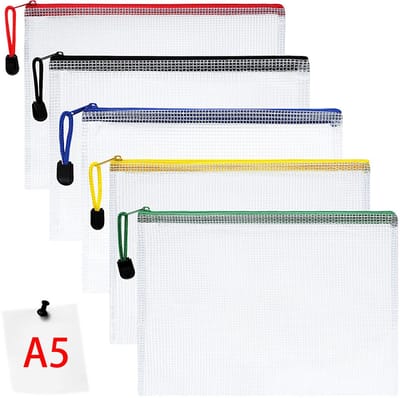 Plastic opberghoezen, 5 A5-hoezen met ritssluiting, gaasstoffen documenten-mappen, plastic ritshoezen bestandenportefeuille voor school, kantoor, huiswerk of voor op reis, met gekleurde rist