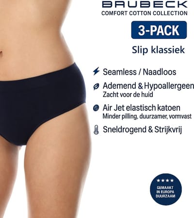 Brubeck Dames Slip Klassiek – Naadloos (Seamless) Elastisch Katoen – 3-Pack - Marineblauw M