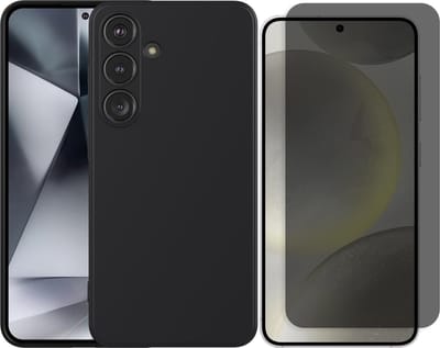 Casemania Hoesje + Privacy Glas Geschikt voor Samsung Galaxy S25 - Zwart - Siliconen Back Cover/ Privacy Glazen Screenprotector