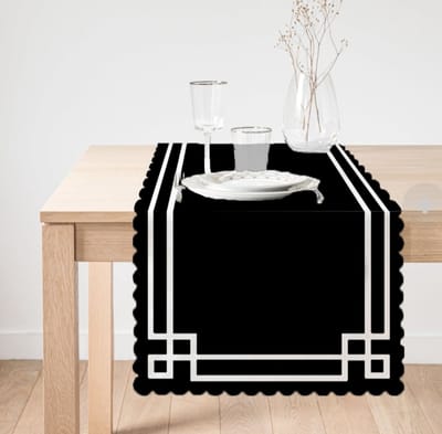 Bedrukt Velvet textiel 45x260 - Tafelloper - Witte kader op Zwart - Fluweel