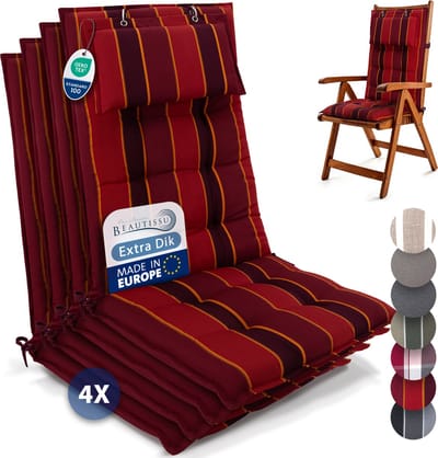 Beautissu Sun-HL – Set van 4 Premium Hoge Rugleuning Stoelkussen 120x50 cm – UV-bestendig – 8cm Dik – met Hoofdkussen & Bevestigingsbanden – Antislip – Rood Gestreept