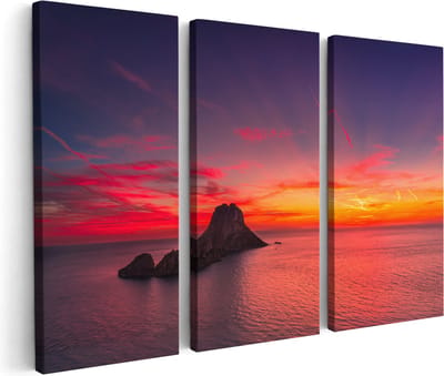 Artaza Canvas Schilderij Drieluik Ibiza Rotsen Eiland bij Zonsondergang - 180x120 - Groot - Foto Op Canvas - Canvas Print