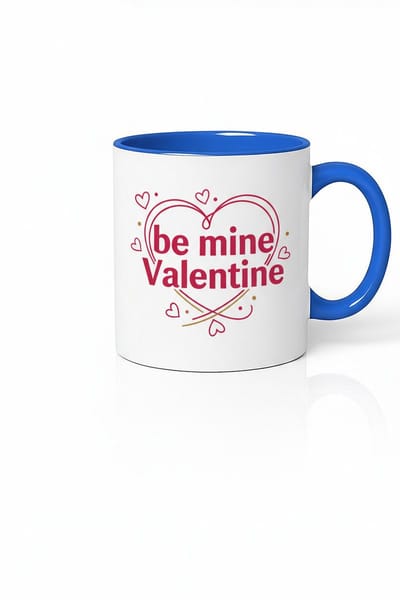 Valentijn Mok 'Be Mine Valentine' - Wit met Blauw Handvat & Romantisch Hart Design