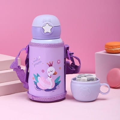Cartoon 304 Roestvrij Staal Kinderen met Riem Rietjes Katomb Set Waterbekers Thermosfles 500ml paars