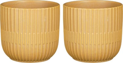 Mica Decorations - 2x - Plantenpot/bloempot - keramiek - mat okergeel - stripes patroon - D12.5 x H11 cm