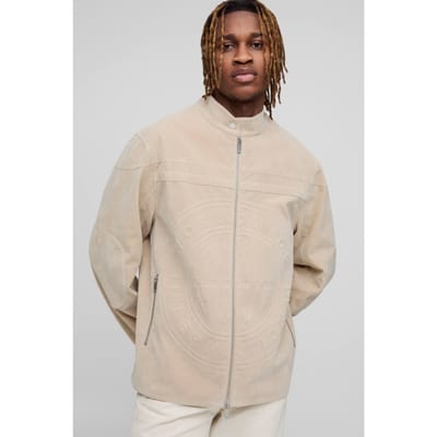Hoge Tumbled Kunstsuède Geborduurde Regular Fit Biker Jas | Stone | Size Small