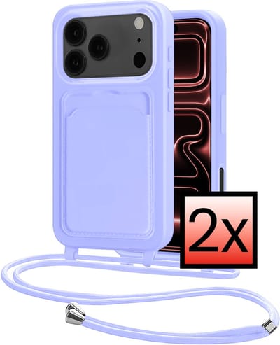Hoes Geschikt voor iPhone 17 Pro Max Hoesje Pasjeshouder Cover Met Koord Case Siliconen Hoes Met Telefoonkoord en Kaarthouder - Lila - 2 PACK
