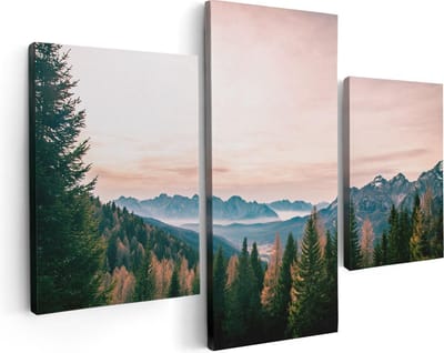 Artaza Canvas Schilderij Drieluik Bos Met Bomen Bij Bergen Landschap - 90x60 cm - Wanddecoratie Woonkamer - Schilderijen - Muurdecoratie