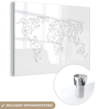 ® Glasschilderij 160x120 cm - Schilderij acrylglas - Wereldkaart - Line Art - Topografie - Foto op glas - Muurdecoratie woonkamer - Wanddecoratie slaapkamer - Schilderijen