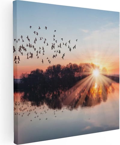 Artaza Canvas Schilderij Zonsondergang - 90x90 cm - Wanddecoratie Vogels - Muurdecoratie Natuur - Decoratie Meer