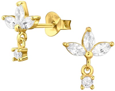 Joy|S - Zilveren bloem oorbellen - waterlelie bestaande uit 3 marquise zirkonia's - rond bedeltje - 9 x 11.5 mm - oorknopjes - goldplated